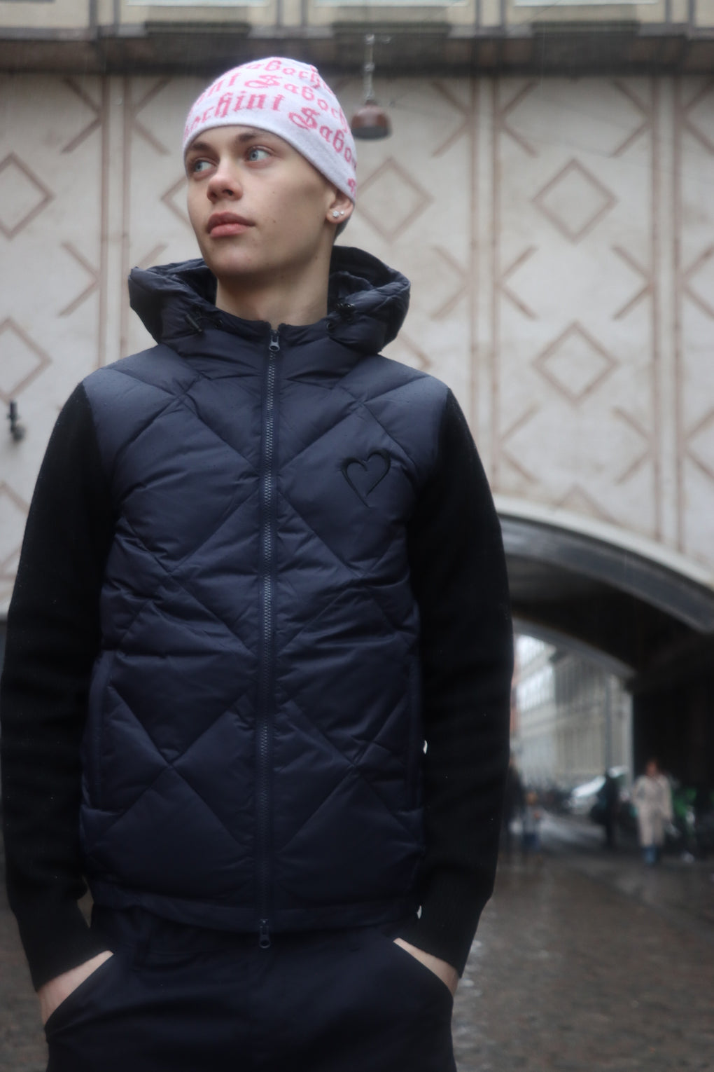 Knit Puff with Pattern - Dark Blue